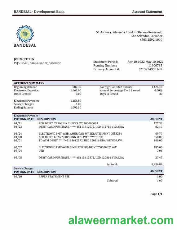 Salvador Bandesal bank statement template in Word and PDF format